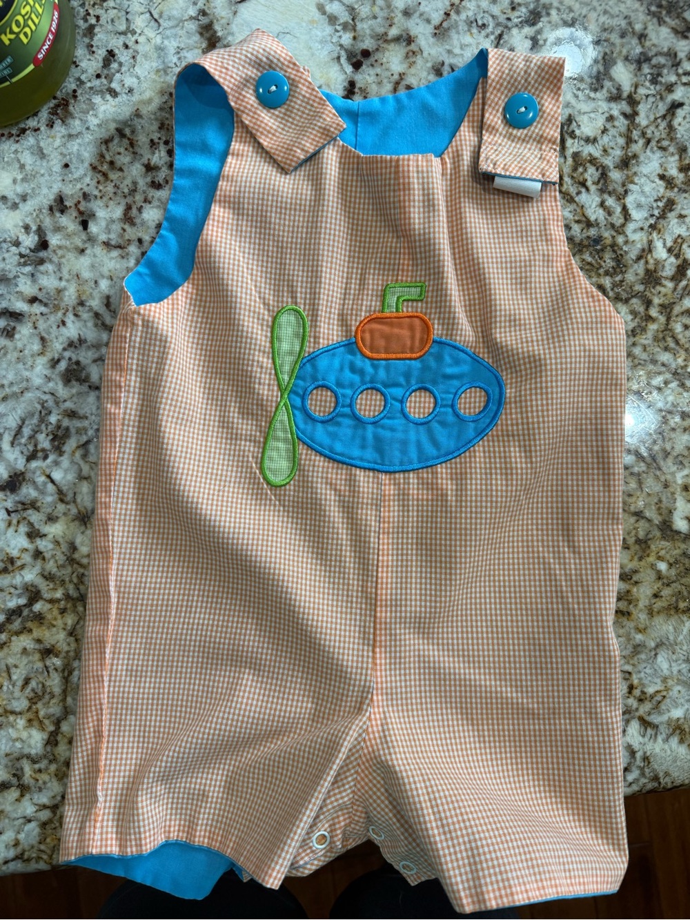 Reversible Orange Gingham Airplane Applique One-Piece Overall for Kids
